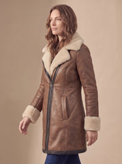 Cozy Faux Leather Shearling Coat for Women with Notched Lapel Long Sleeve Asymmetric Zip Winter Style