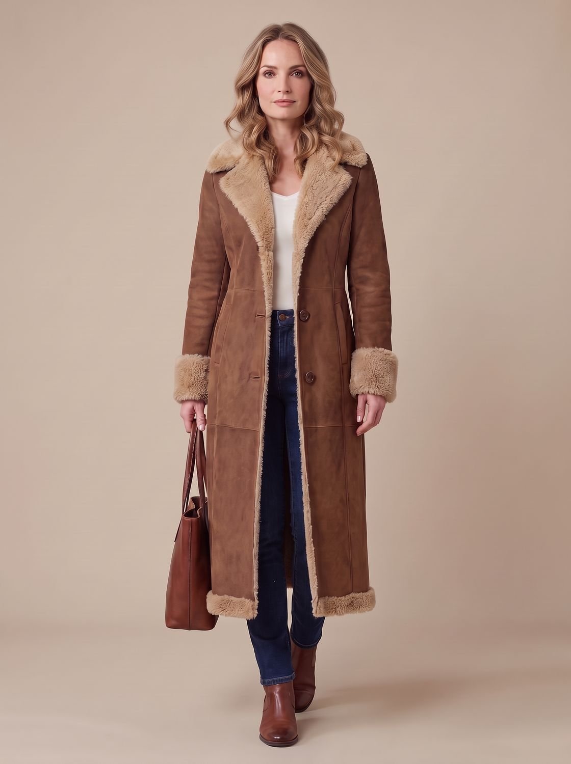 Cozy Brown Faux Suede Shearling Coat for Women with Notched Lapel Long Sleeve Button Front Maxi Style