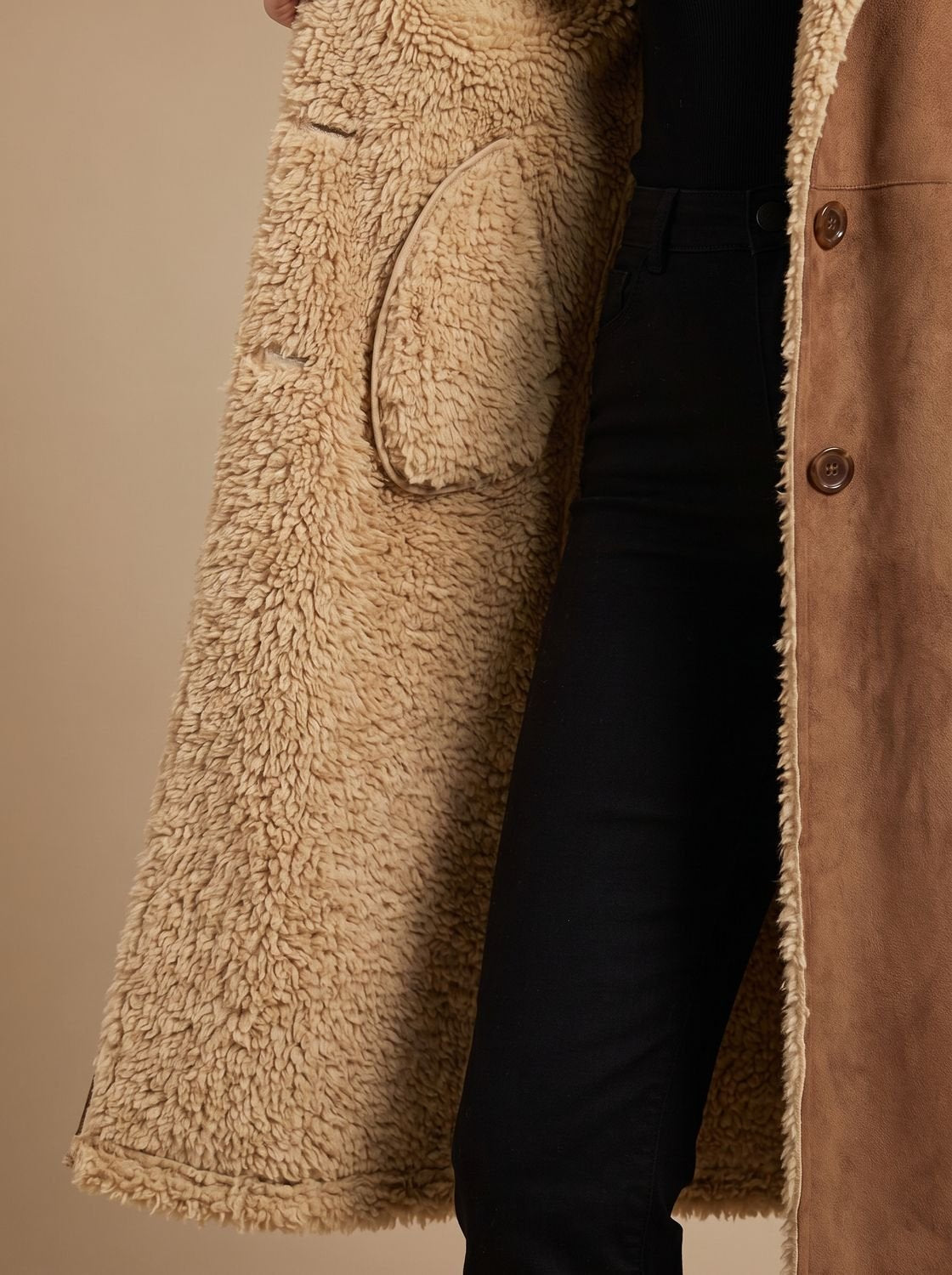 Cozy Brown Faux Suede Shearling Coat for Women with Notched Lapel Long Sleeve Button Front Maxi Style