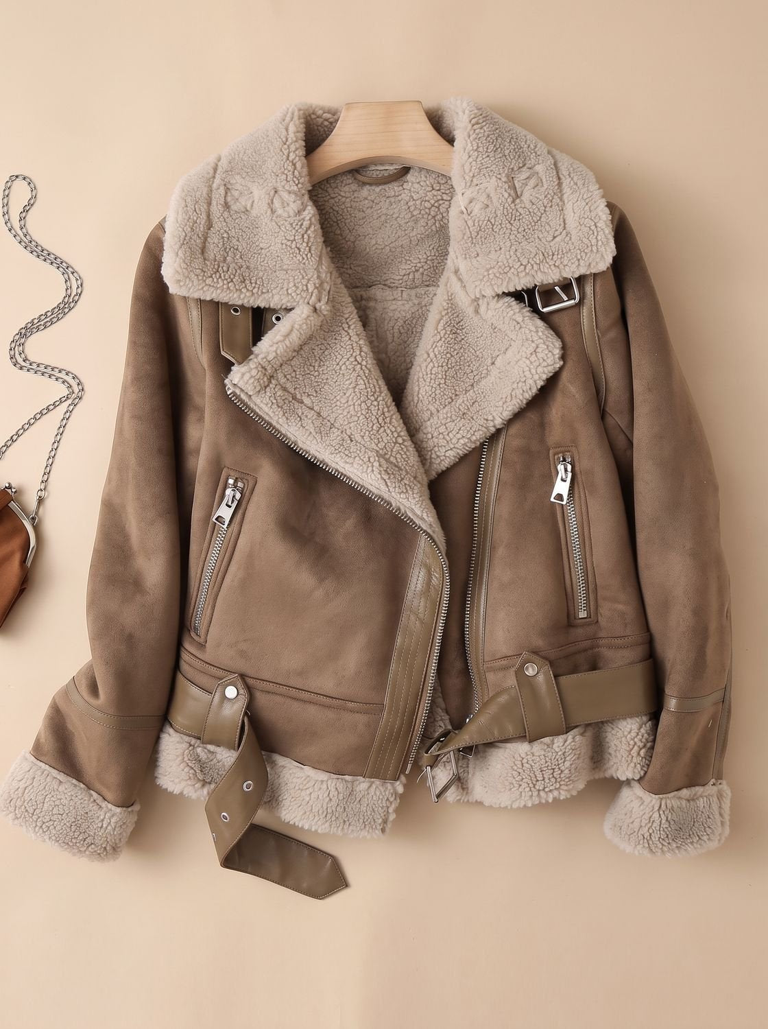 Cozy Faux Suede Shearling Moto Jacket for Women with Notch Collar Long Sleeve Belted Asymmetric Zip Style