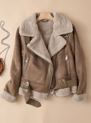 Cozy Faux Suede Shearling Moto Jacket for Women with Notch Collar Long Sleeve Belted Asymmetric Zip Style