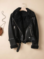 Cozy Faux Suede Shearling Moto Jacket for Women with Notch Collar Long Sleeve Belted Asymmetric Zip Style