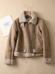 Cozy Faux Suede Shearling Moto Jacket for Women with Notch Collar Long Sleeve Belted Asymmetric Zip Style