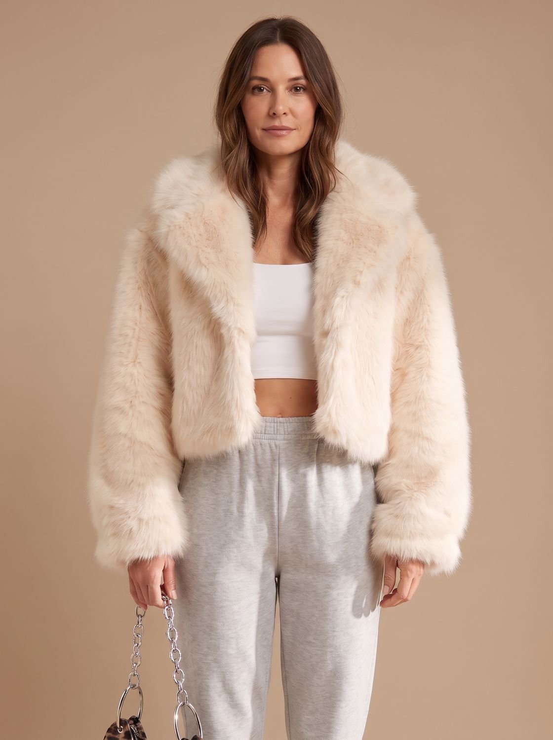 Cozy Cream Faux Fur Jacket for Women with Shawl Collar Long Sleeve Open Front Fluffy Cropped Style