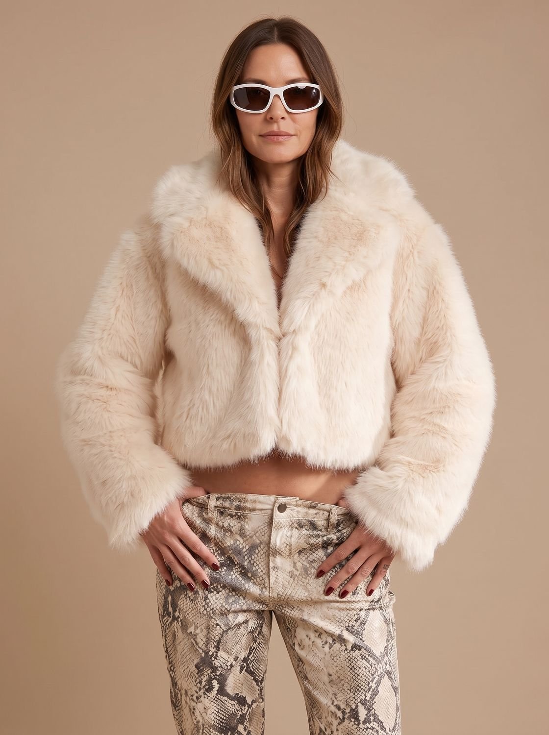 Cozy Cream Faux Fur Jacket for Women with Shawl Collar Long Sleeve Open Front Fluffy Cropped Style