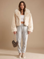 Cozy Cream Faux Fur Jacket for Women with Shawl Collar Long Sleeve Open Front Fluffy Cropped Style