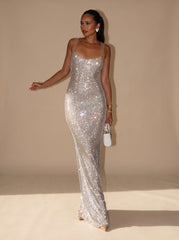 Elegant Silver Sequin Wedding Guest Gown for Women with Square Neck Spaghetti-Strap Bodycon Floor-Length Formal Style