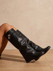 Chic Black Faux Leather Knee High Boots for Women with Fold-Over Padlock Wedge Pointed-Toe Style