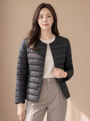 Cozy Lightweight Down Puffer Jacket for Women with Round Neck Long Sleeve Collarless Snap Winter Style