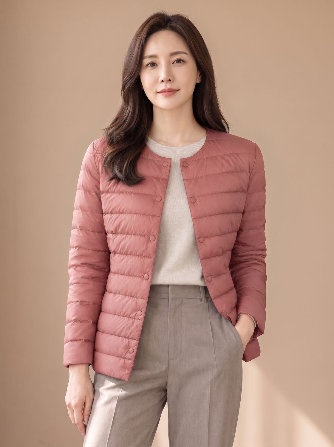 Cozy Lightweight Down Puffer Jacket for Women with Round Neck Long Sleeve Collarless Snap Winter Style