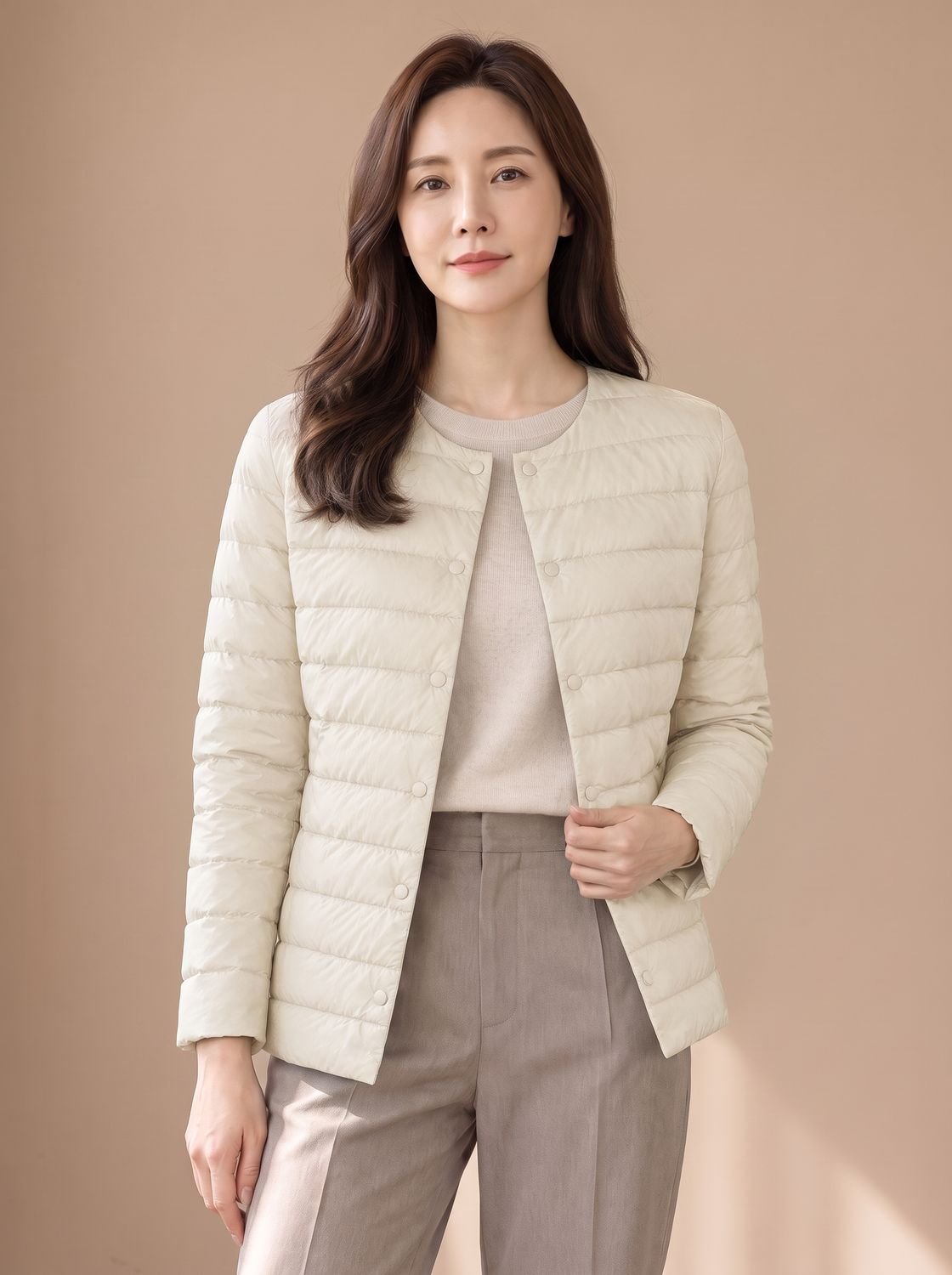 Cozy Lightweight Down Puffer Jacket for Women with Round Neck Long Sleeve Collarless Snap Winter Style