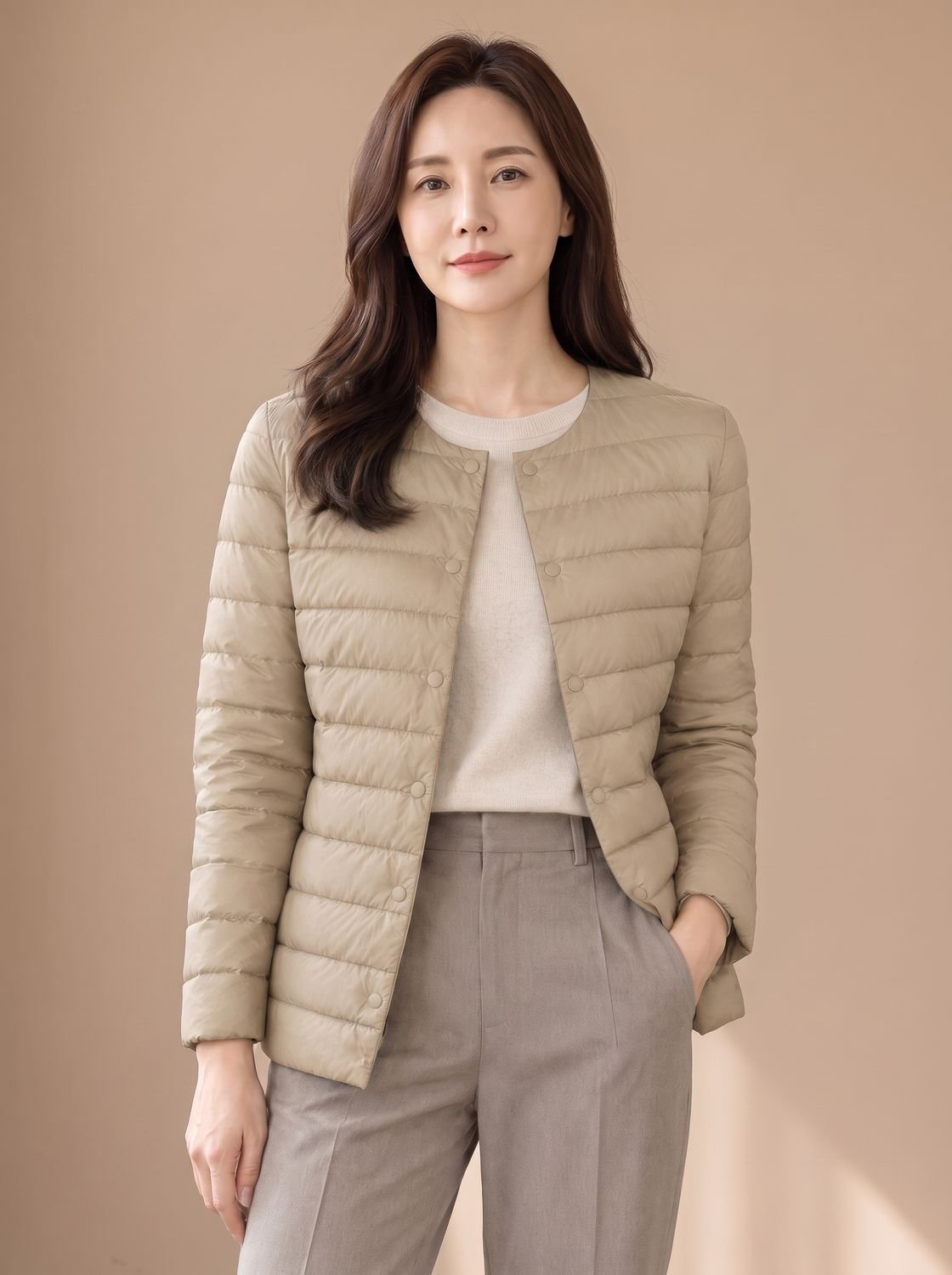 Cozy Lightweight Down Puffer Jacket for Women with Round Neck Long Sleeve Collarless Snap Winter Style