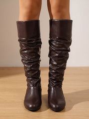 Chic Faux Leather Slouchy Knee High Boots for Women with Cuffed Shaft Pointed-Toe Pull-On Block Heel Style