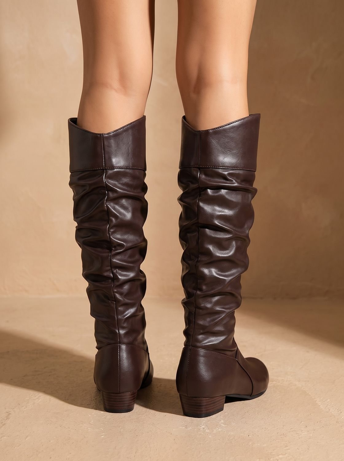 Chic Faux Leather Slouchy Knee High Boots for Women with Cuffed Shaft Pointed-Toe Pull-On Block Heel Style