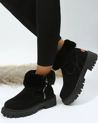Cozy Black Snow Boots for Women with Faux Fur Lining Side Zip Platform Lug Sole Snowproof Style