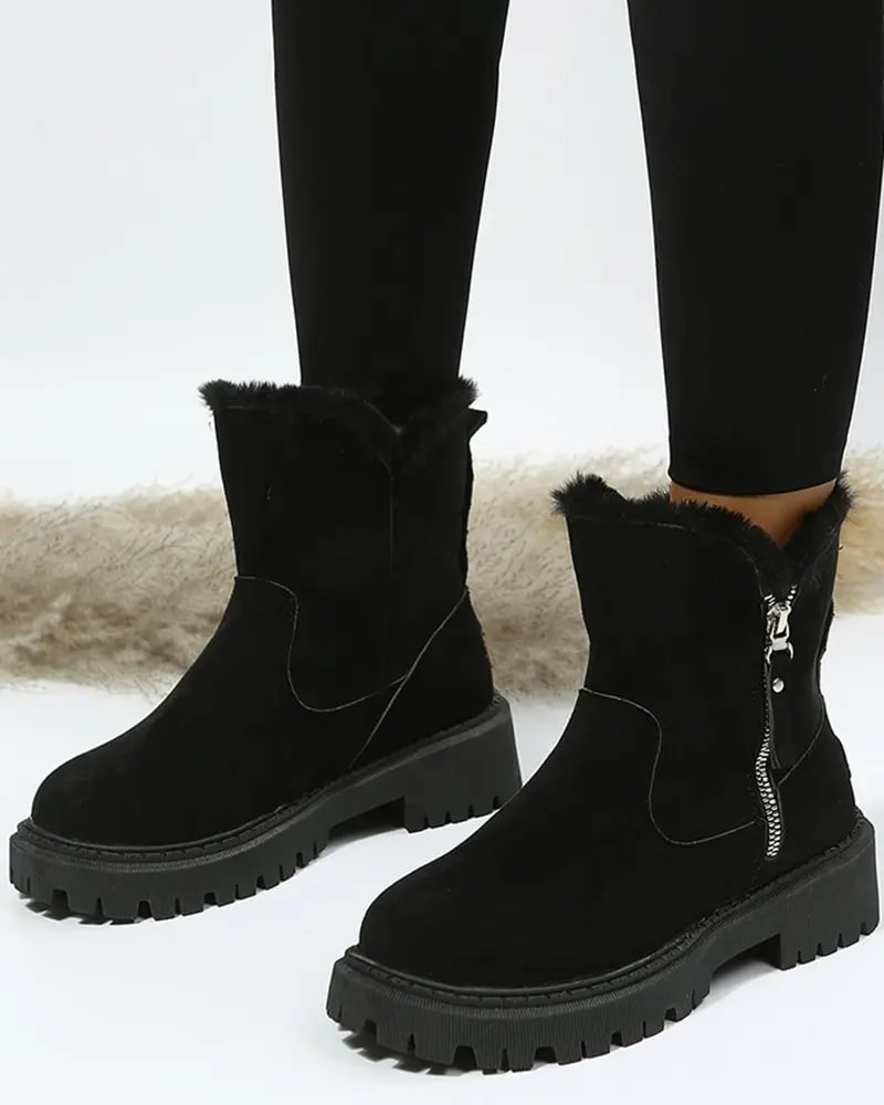 Cozy Black Snow Boots for Women with Faux Fur Lining Side Zip Platform Lug Sole Snowproof Style