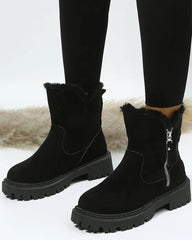 Cozy Black Snow Boots for Women with Faux Fur Lining Side Zip Platform Lug Sole Snowproof Style