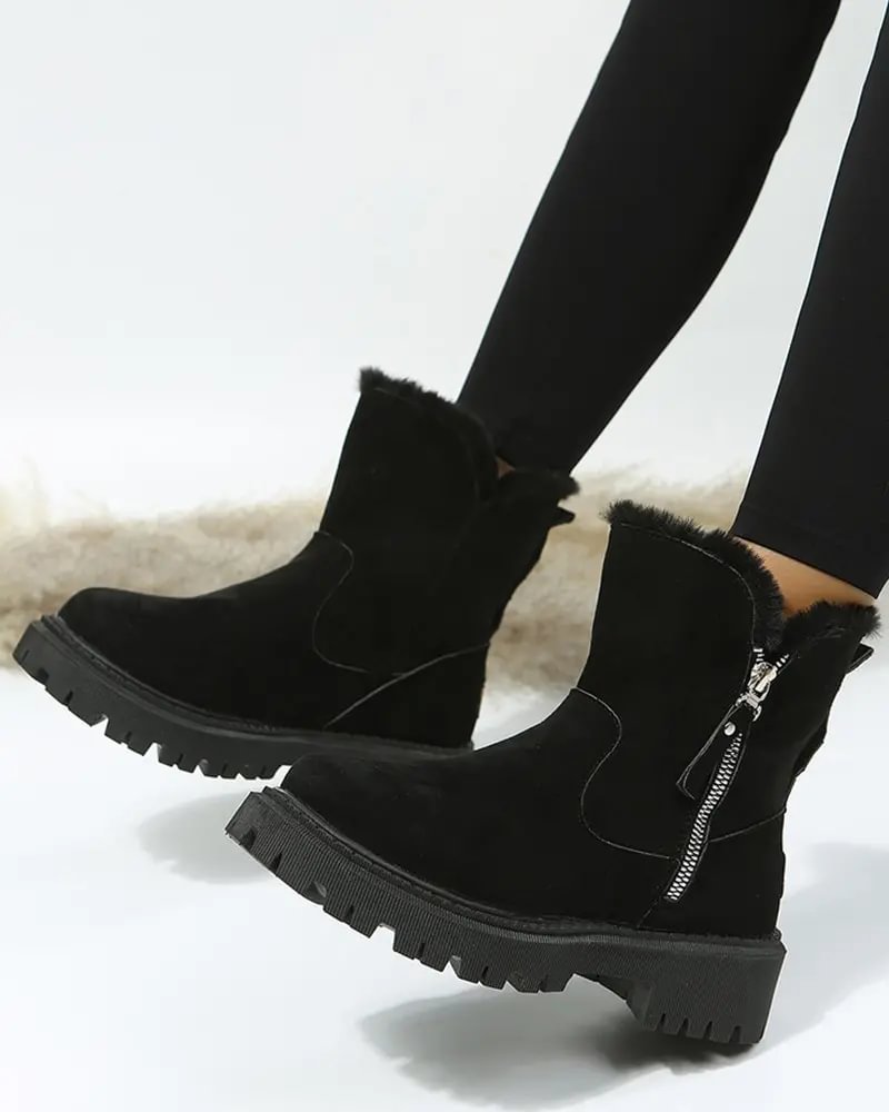 Cozy Black Snow Boots for Women with Faux Fur Lining Side Zip Platform Lug Sole Snowproof Style