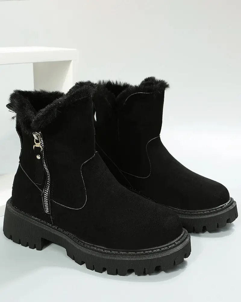 Cozy Black Snow Boots for Women with Faux Fur Lining Side Zip Platform Lug Sole Snowproof Style