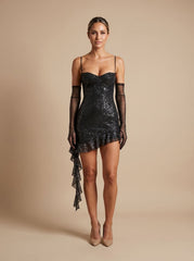 Elegant Sequin Cocktail Mini Dress for Women with Spaghetti-Strap Sweetheart Ruffle Bodycon Christmas Party Style