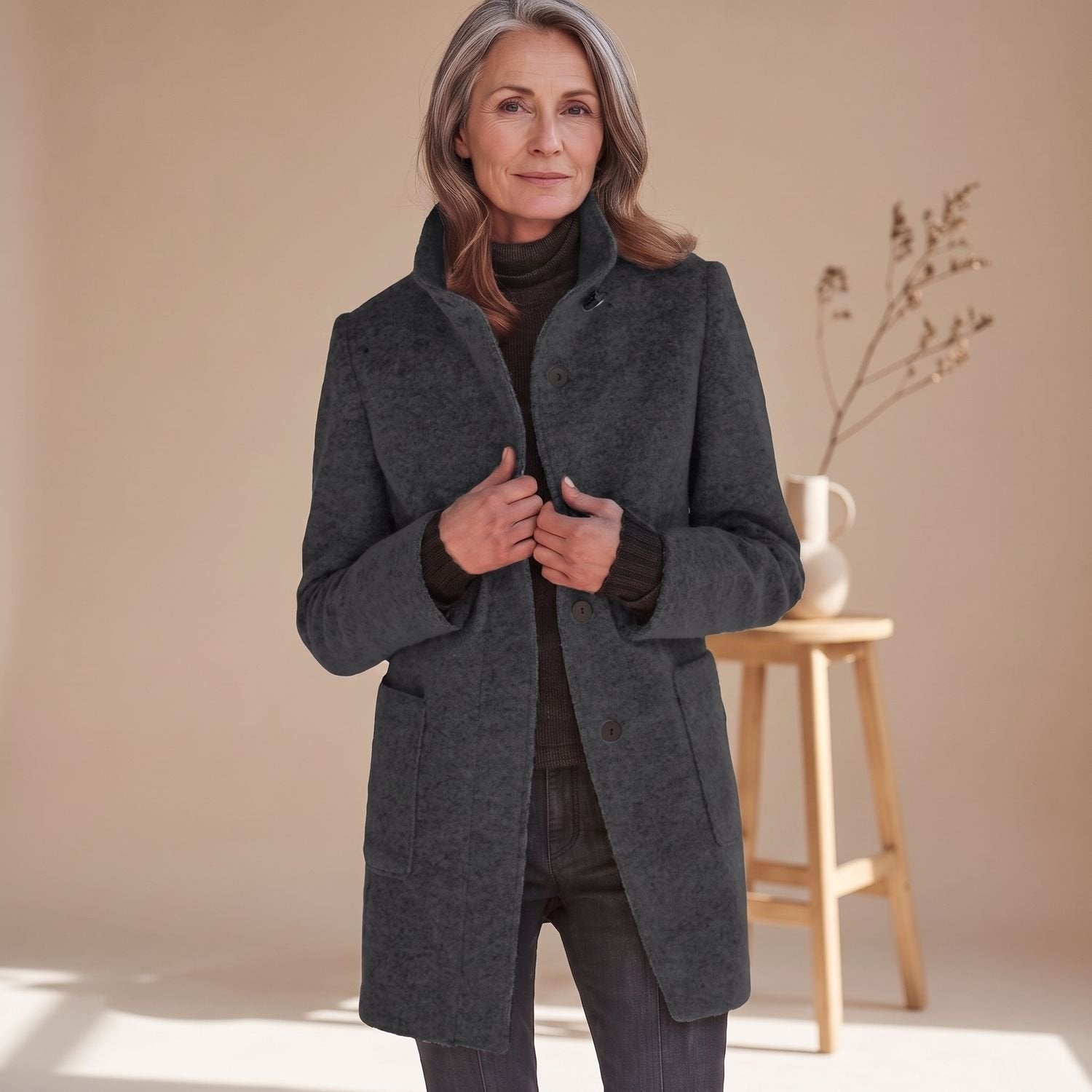 Elegant Blue Wool Coat for Women with Stand Collar Button Front Long Sleeve Midi Winter Style