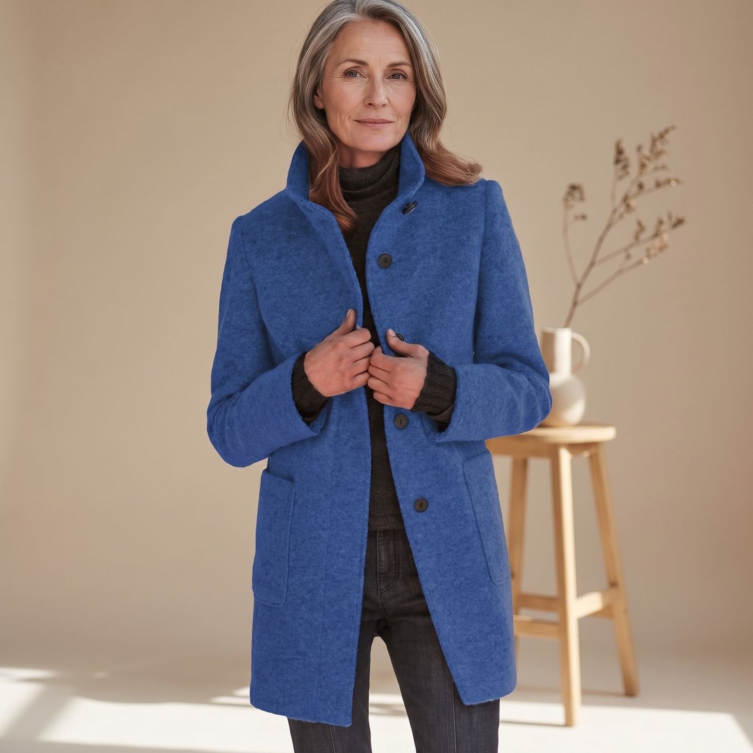 Elegant Blue Wool Coat for Women with Stand Collar Button Front Long Sleeve Midi Winter Style