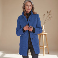 Elegant Blue Wool Coat for Women with Stand Collar Button Front Long Sleeve Midi Winter Style