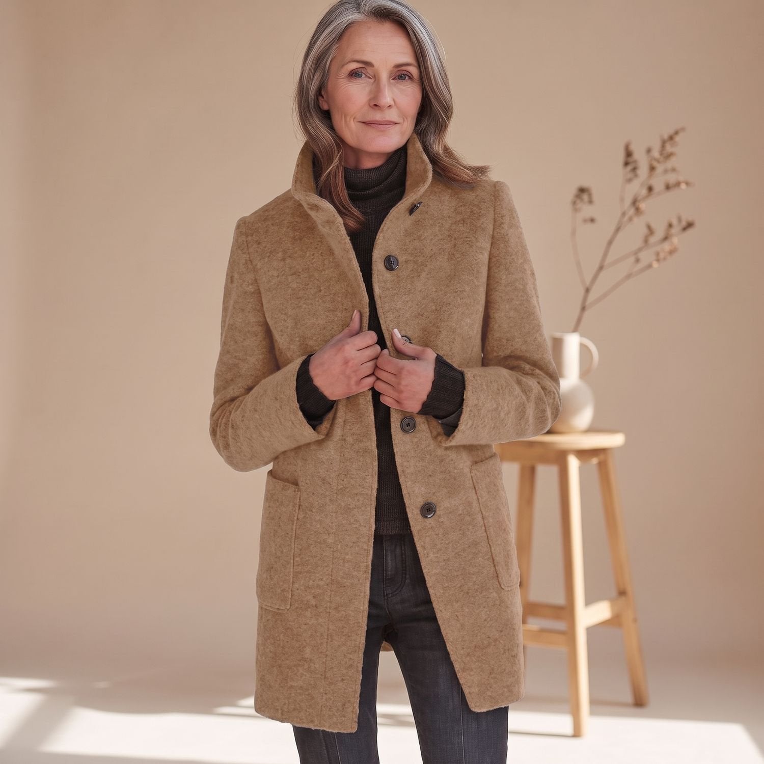 Elegant Blue Wool Coat for Women with Stand Collar Button Front Long Sleeve Midi Winter Style