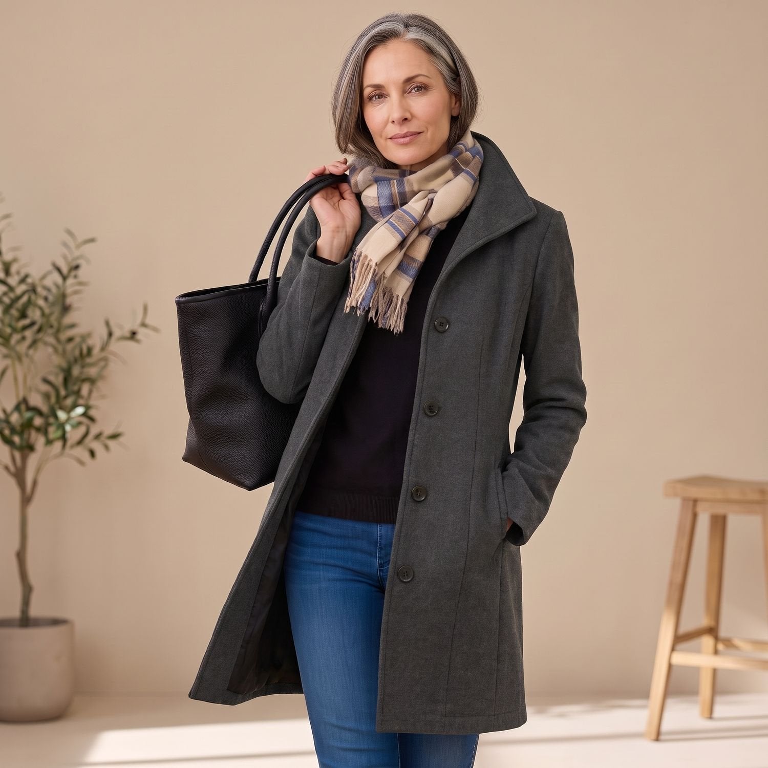Elegant Green Wool Coat for Women with Notched Lapel Button Front Long Sleeve Midi Pea Coat Style