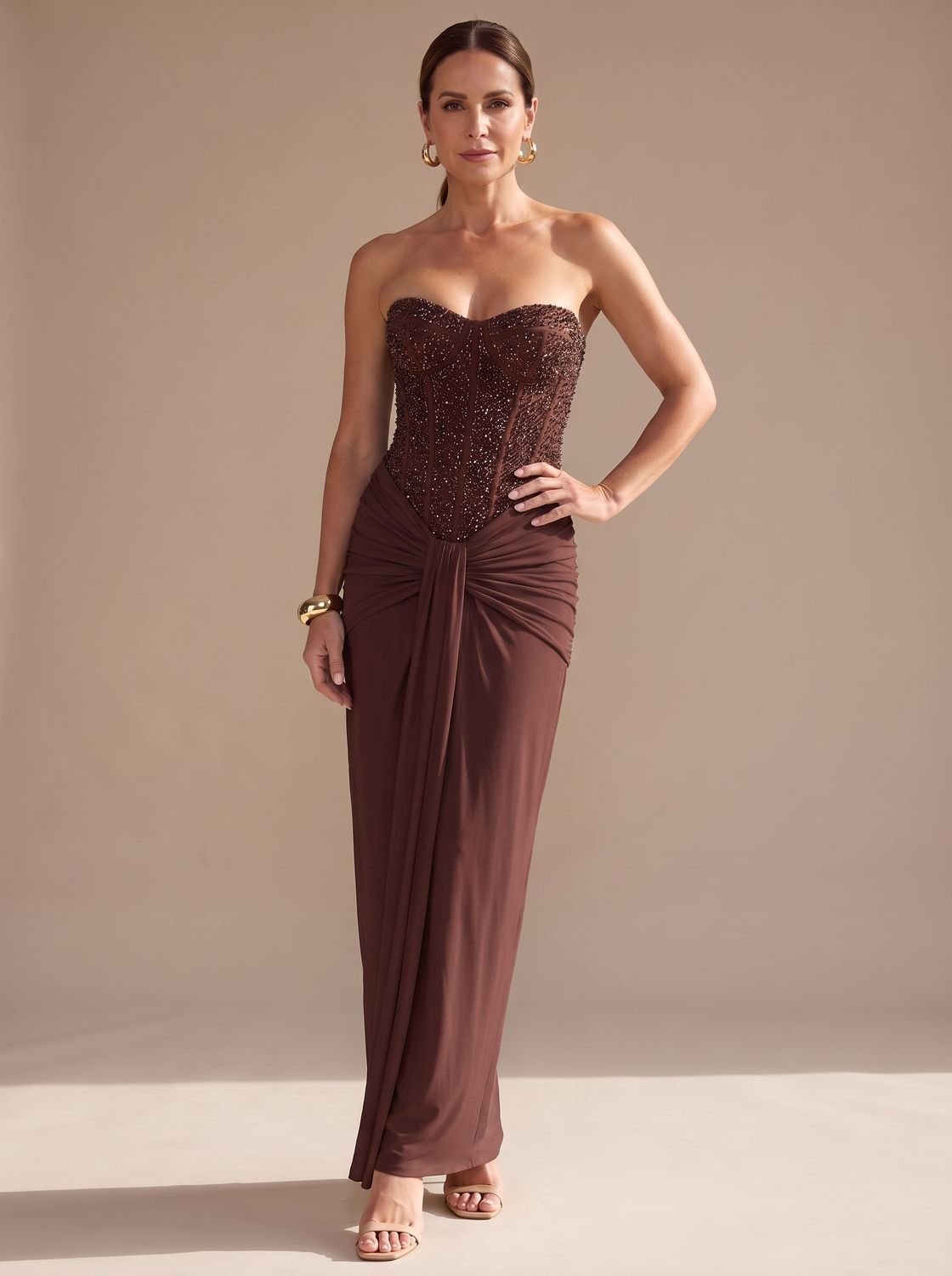 Elegant Formal Wedding Guest Gown for Women with Strapless Sweetheart Beaded Corset Draped Floor-Length Style