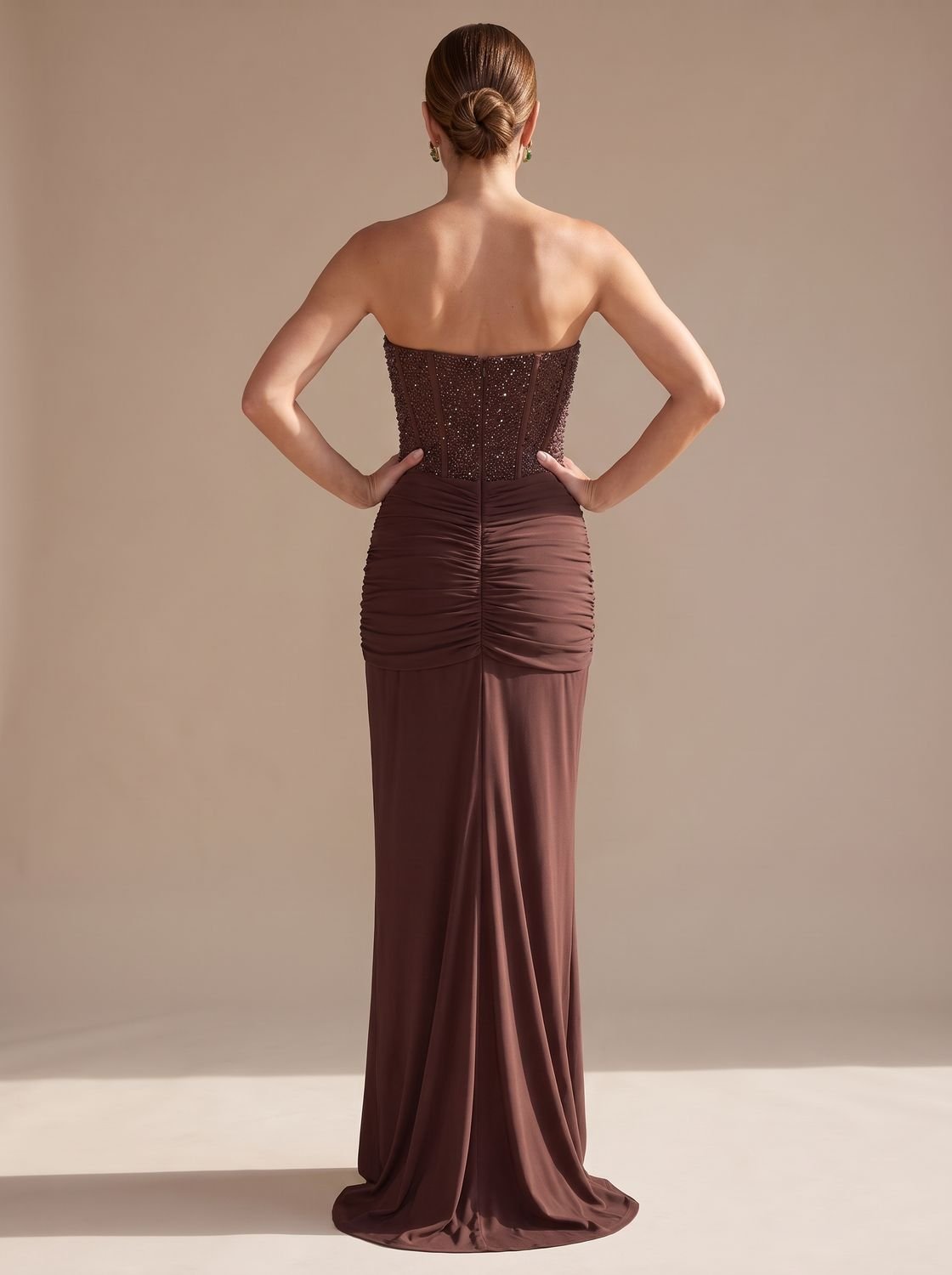 Elegant Formal Wedding Guest Gown for Women with Strapless Sweetheart Beaded Corset Draped Floor-Length Style