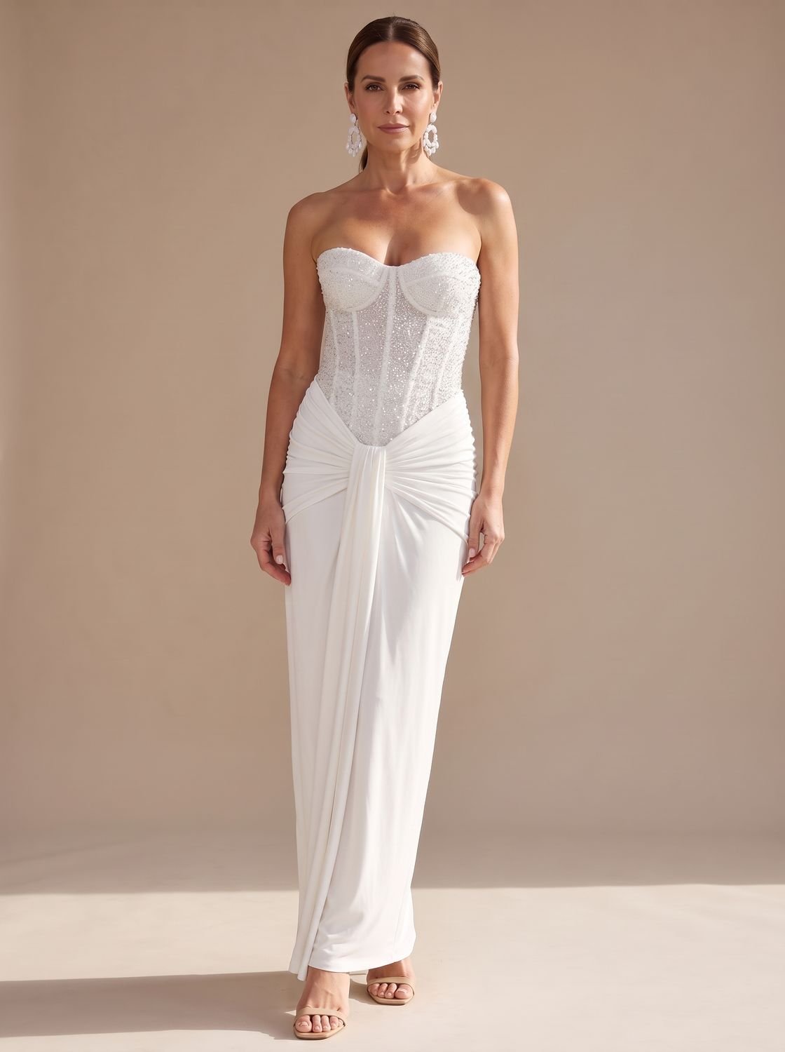 Elegant Formal Wedding Guest Gown for Women with Strapless Sweetheart Beaded Corset Draped Floor-Length Style