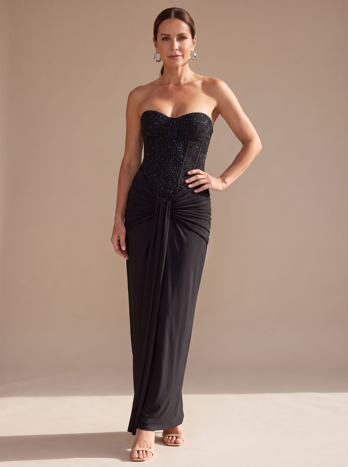 Elegant Formal Wedding Guest Gown for Women with Strapless Sweetheart Beaded Corset Draped Floor-Length Style