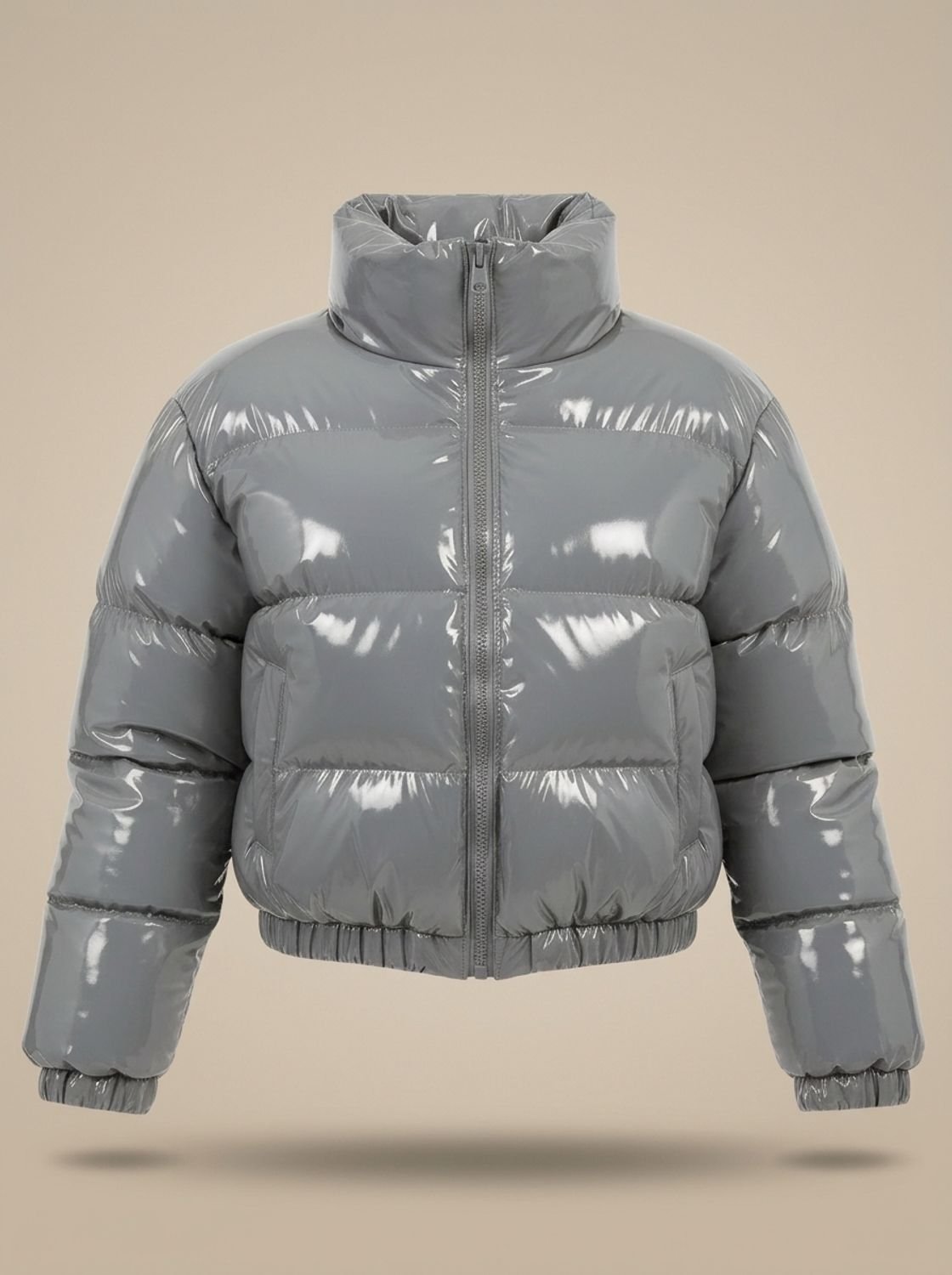 Cozy Cropped Puffer Jacket for Women with Stand Collar Long Sleeve Glossy Zip Winter Style