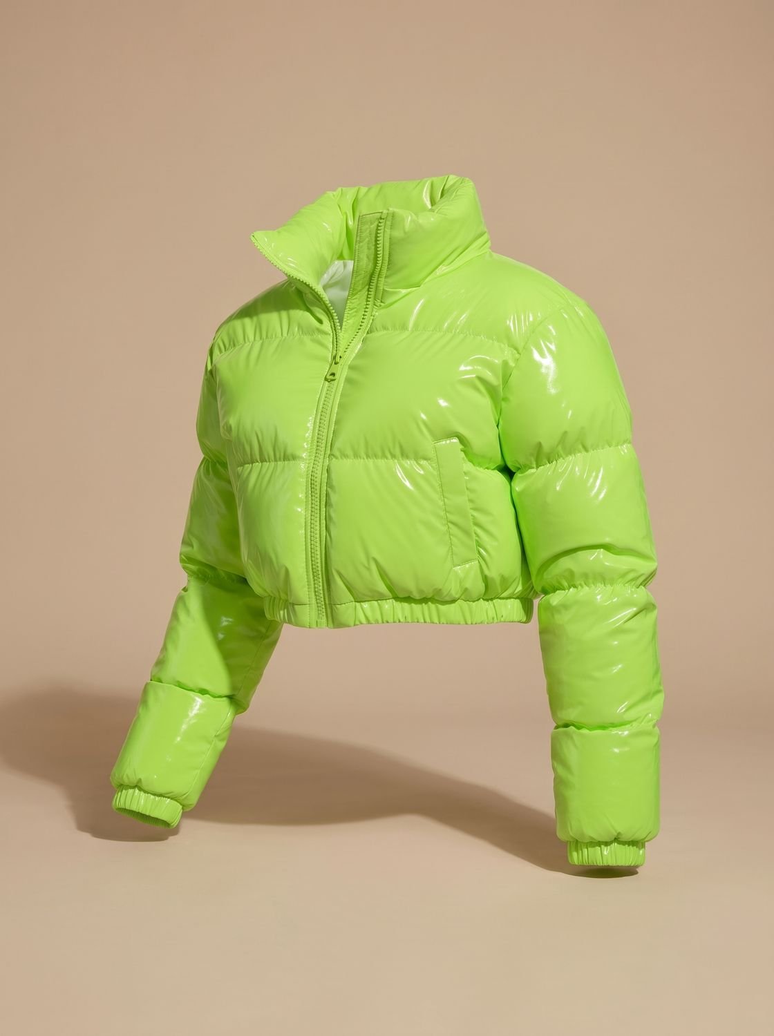 Cozy Cropped Puffer Jacket for Women with Stand Collar Long Sleeve Glossy Zip Winter Style