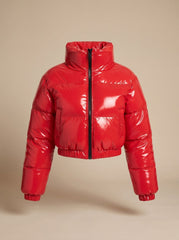 Cozy Cropped Puffer Jacket for Women with Stand Collar Long Sleeve Glossy Zip Winter Style