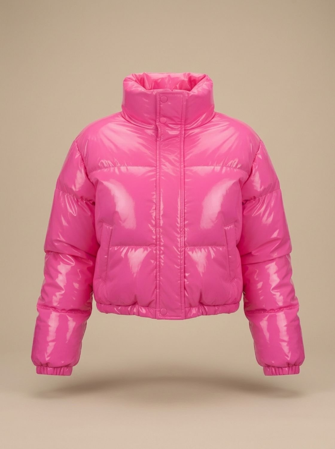 Cozy Cropped Puffer Jacket for Women with Stand Collar Long Sleeve Glossy Zip Winter Style