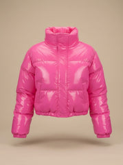 Cozy Cropped Puffer Jacket for Women with Stand Collar Long Sleeve Glossy Zip Winter Style