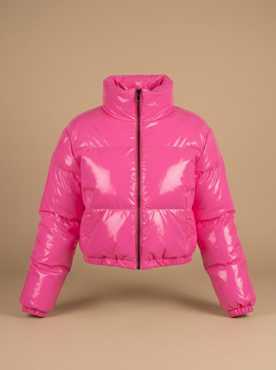 Cozy Cropped Puffer Jacket for Women with Stand Collar Long Sleeve Glossy Zip Winter Style