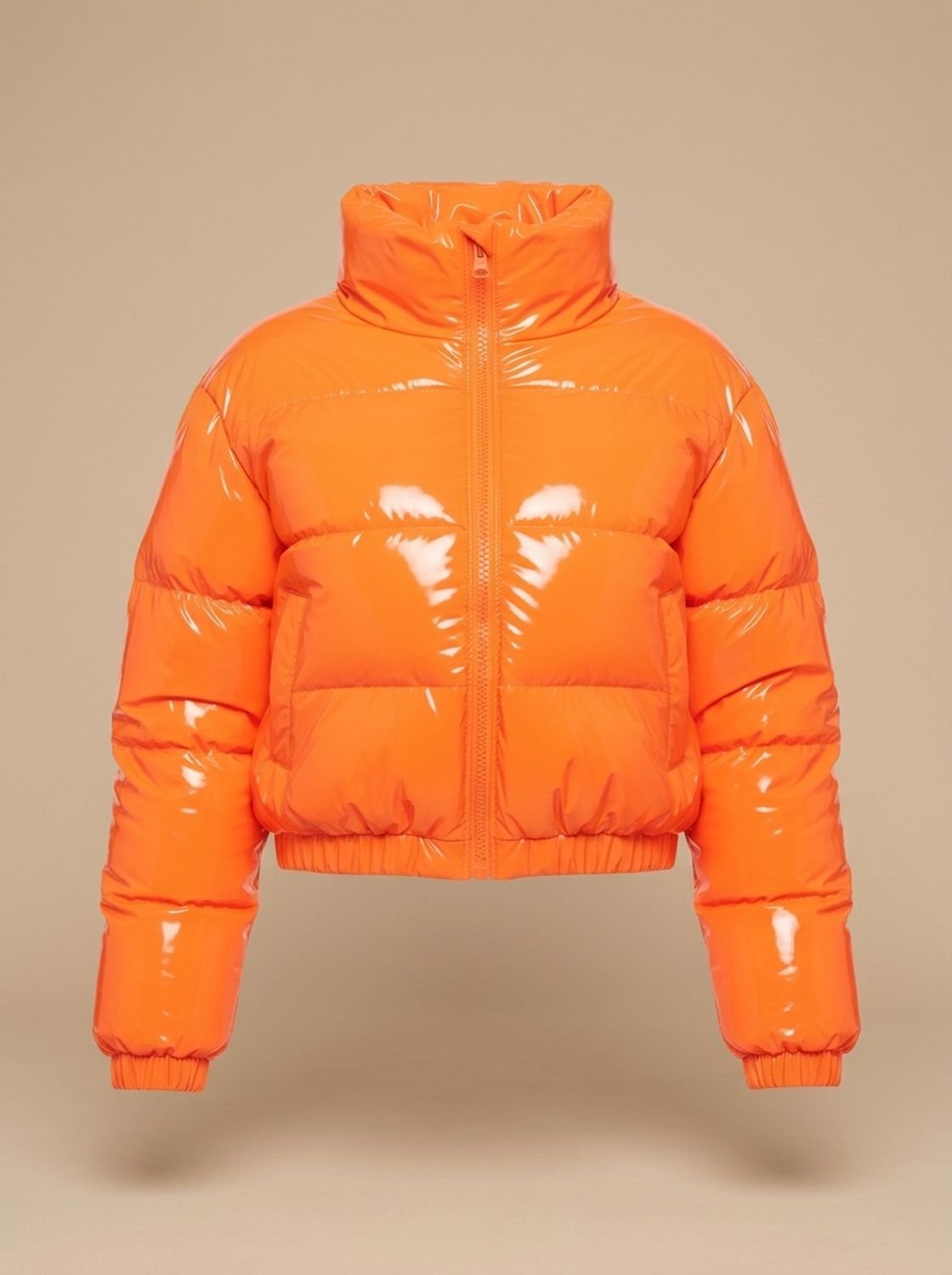 Cozy Cropped Puffer Jacket for Women with Stand Collar Long Sleeve Glossy Zip Winter Style