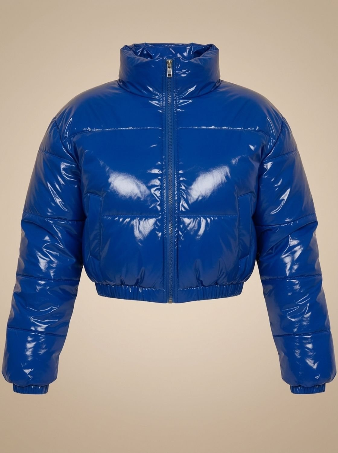 Cozy Cropped Puffer Jacket for Women with Stand Collar Long Sleeve Glossy Zip Winter Style