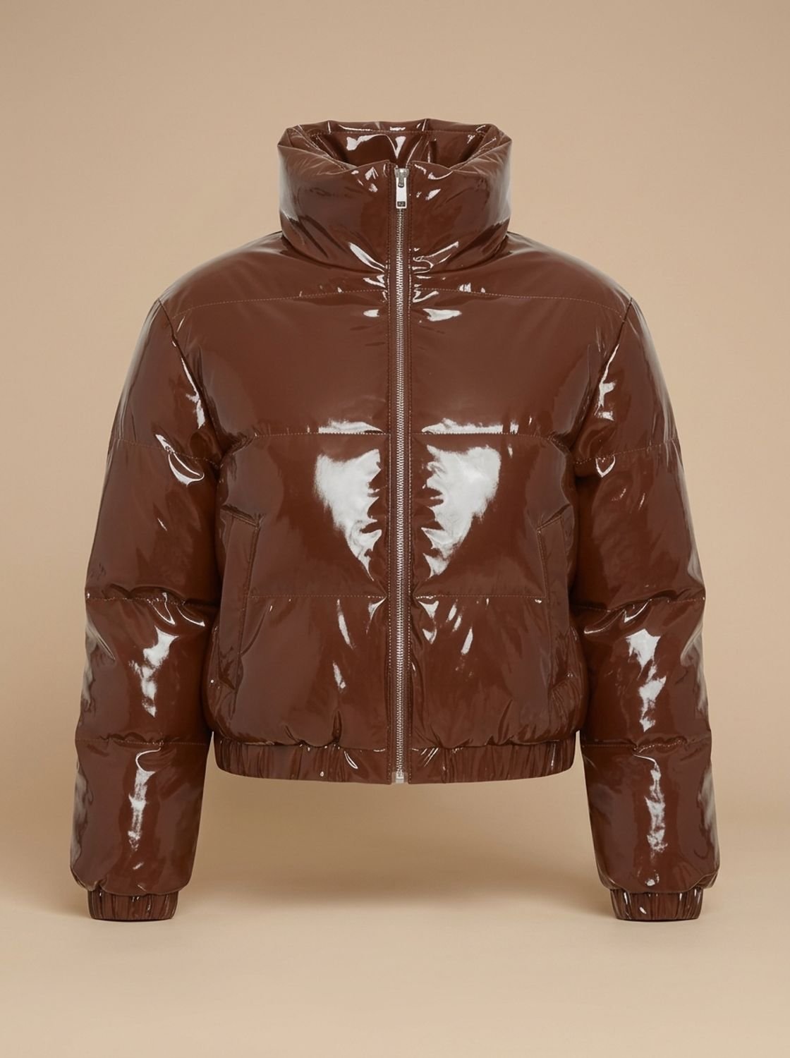 Cozy Cropped Puffer Jacket for Women with Stand Collar Long Sleeve Glossy Zip Winter Style