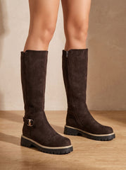 Chic Faux Suede Knee High Boots for Women with Buckle Accent Side-Zip Block Heel Round-Toe Style