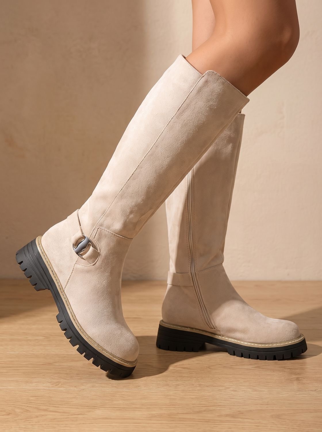 Chic Faux Suede Knee High Boots for Women with Buckle Accent Side-Zip Block Heel Round-Toe Style