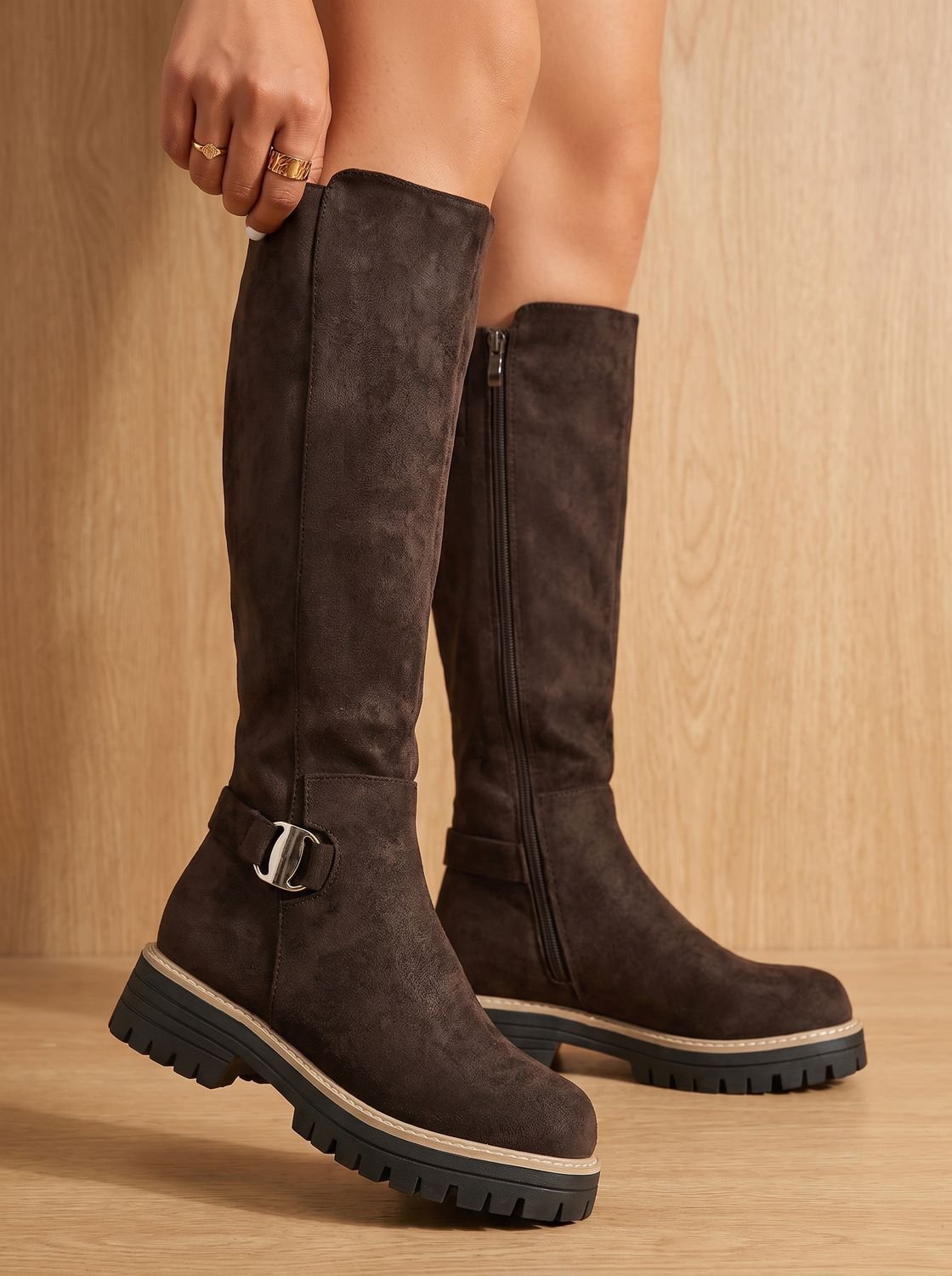 Chic Faux Suede Knee High Boots for Women with Buckle Accent Side-Zip Block Heel Round-Toe Style