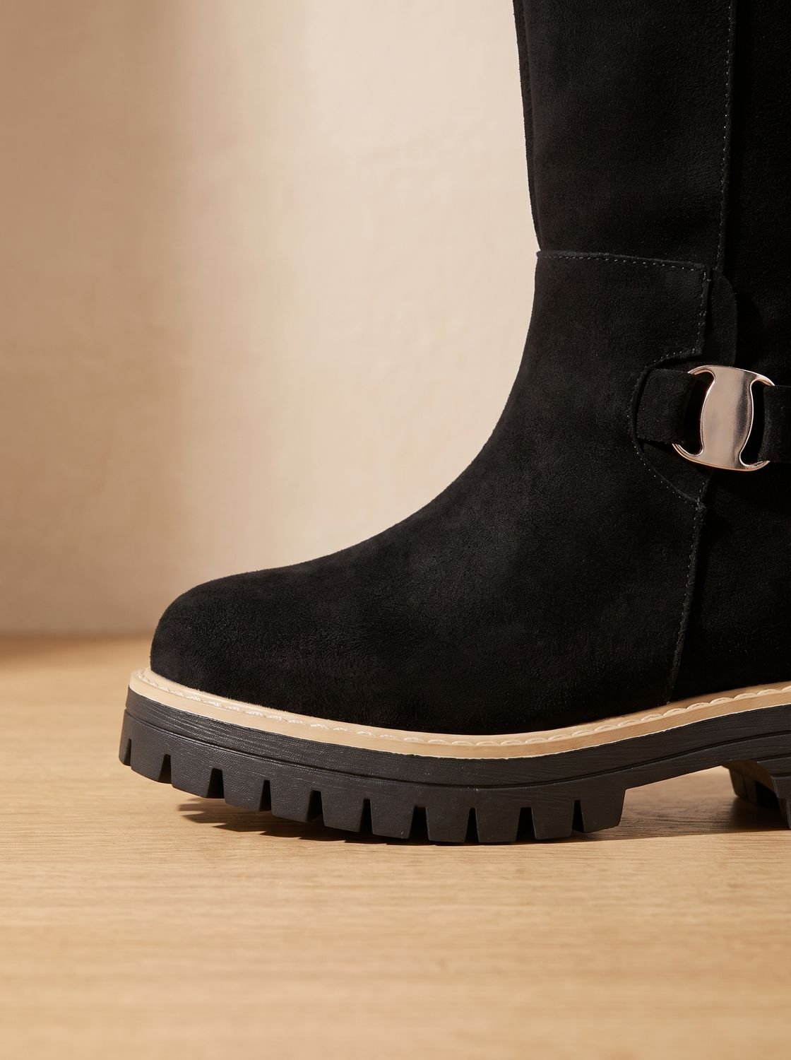 Chic Faux Suede Knee High Boots for Women with Buckle Accent Side-Zip Block Heel Round-Toe Style