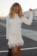 Cozy Fringe Hem Sweater Dress for Women with Turtleneck Long Sleeve Ribbed Knit Style