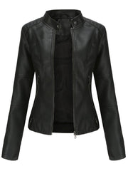Elegant Faux Leather Jacket for Women with Stand Collar Long Sleeve Zip Front Fitted Moto Style