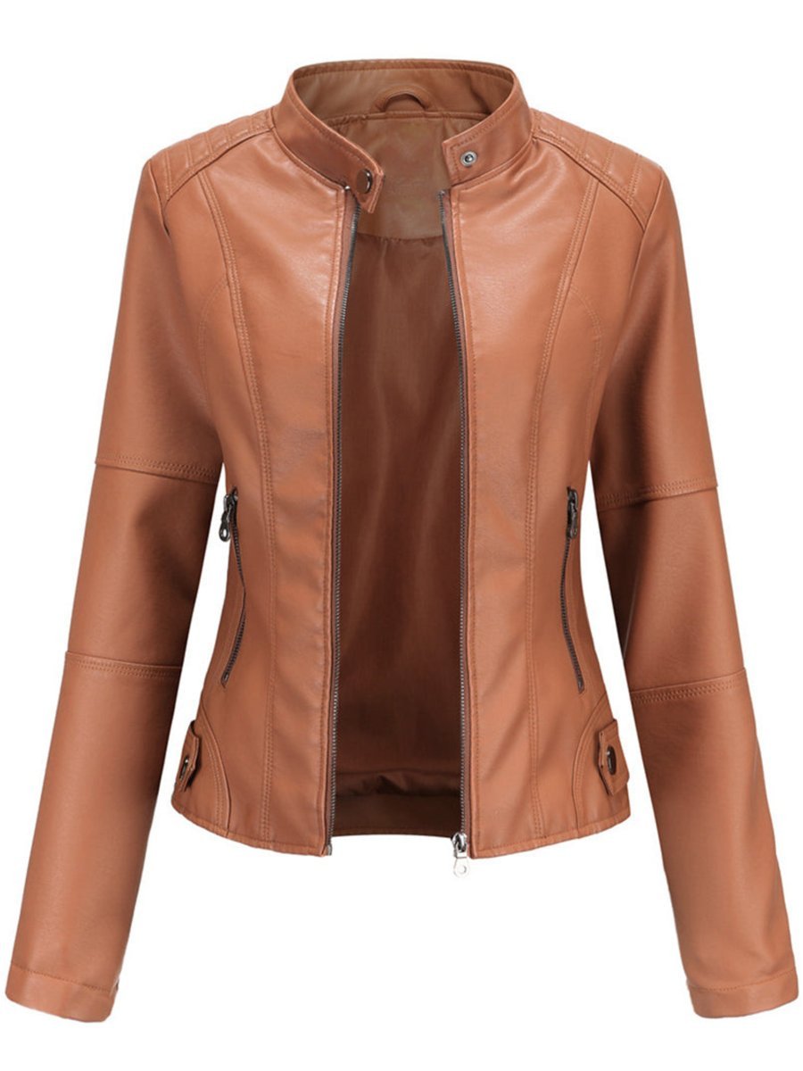 Elegant Faux Leather Jacket for Women with Stand Collar Long Sleeve Zip Front Fitted Moto Style