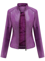 Elegant Faux Leather Jacket for Women with Stand Collar Long Sleeve Zip Front Fitted Moto Style
